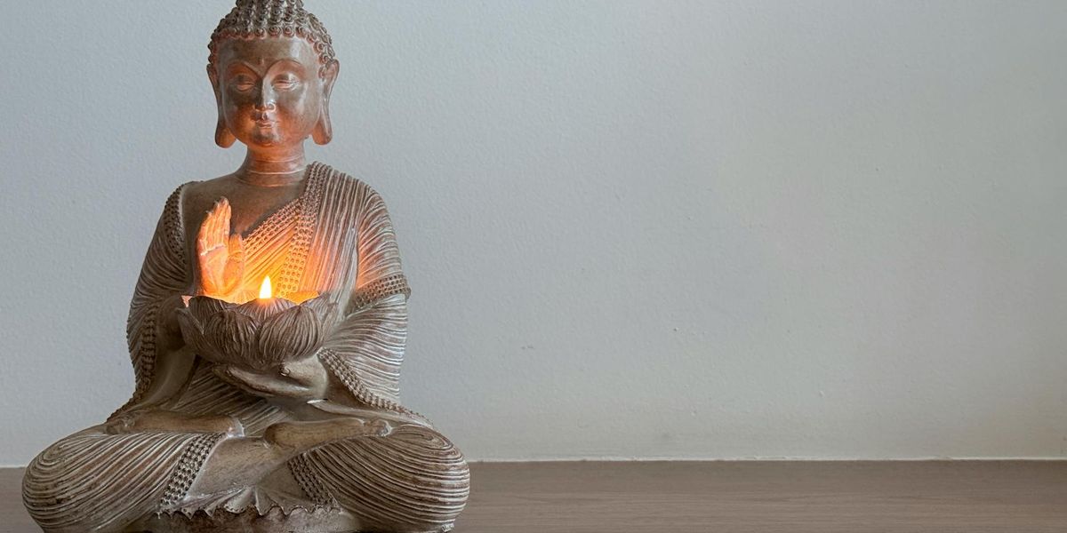 Atmospheric lighting in a quiet meditation room.
